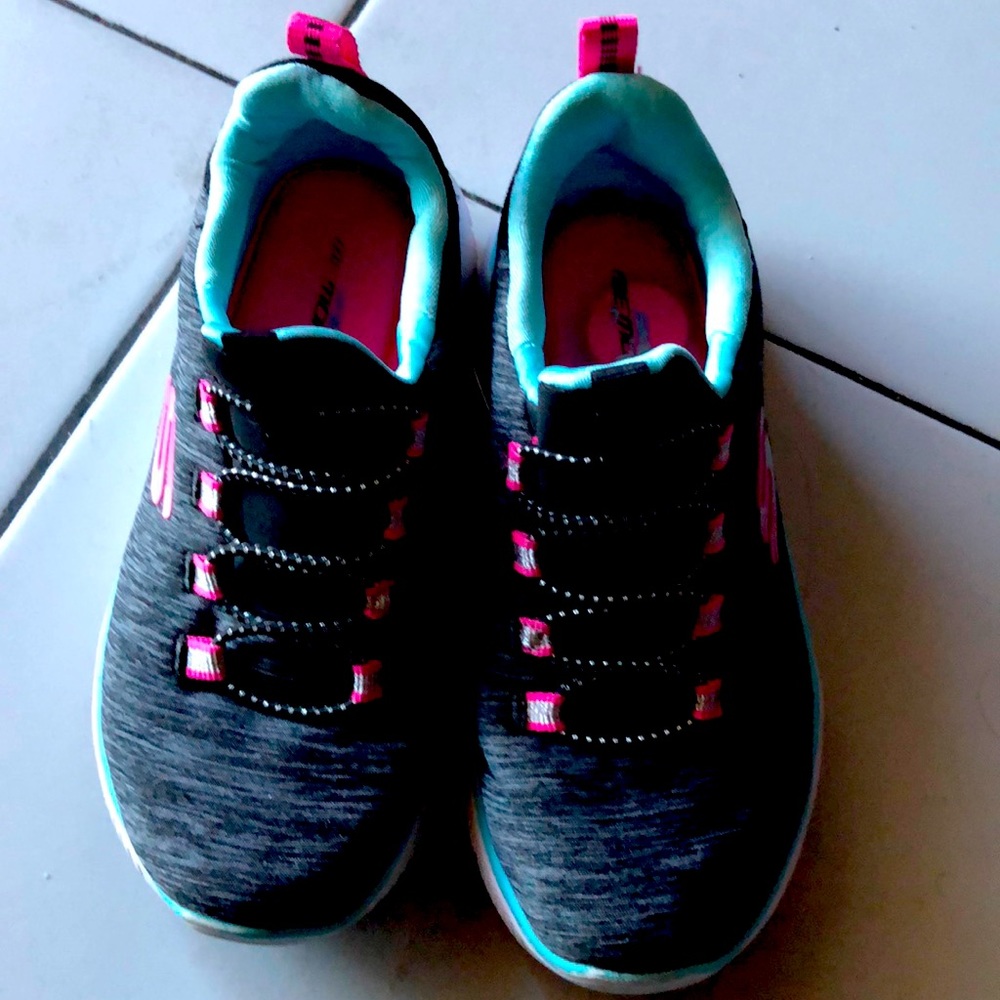 Barely use sketchers shoes. Gray, baby blue and pink shoes size 12